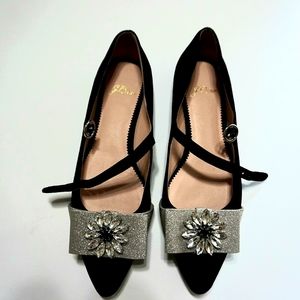 J.Crew Black Faux Suede Silver Rhinestone Flat